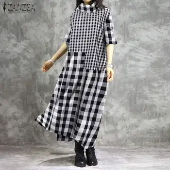 

M 5XL ZANZEA Spring Patchwork Sundress Women Turtleneck Long Sleeve Dress Vintage Plaid Checked Long Vestido Female Kaftan Robe
