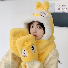 New Winter Warm Hat Scarf Gloves Integrated Warm Ear Protection Three Piece Set Outdoor Skiing Thickened Embroidered Plush Cap