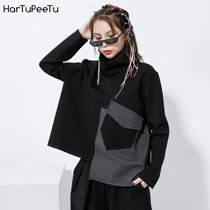 

Women High Collar Sweatshirt Pocket Contrast Color Turtleneck Hoodies Patchwork Split Irregular Loose Fit Pullover Fashion Tide
