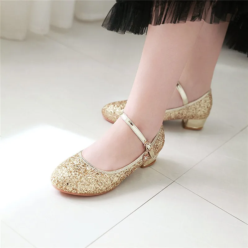 New Womens Chunky Low Heel Comfort Buckle Ankle Strap Glitter Mary Jane Shoes Round Toe Vintage Shiny Bling Dress Pumps A849