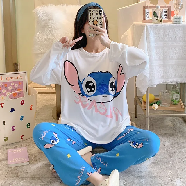 Pigiama da donna Disney Set Cartoon Stitch Pooh Bear Donald Duck Piglet  Print Sleepwear Suit Lady pantaloni a maniche lunghe tuta|Pajama Sets| -  AliExpress