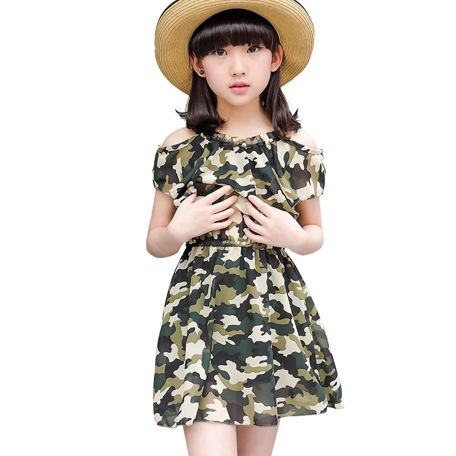 Камуфляжные платья для девочек вечерние с открытыми плечами одежда