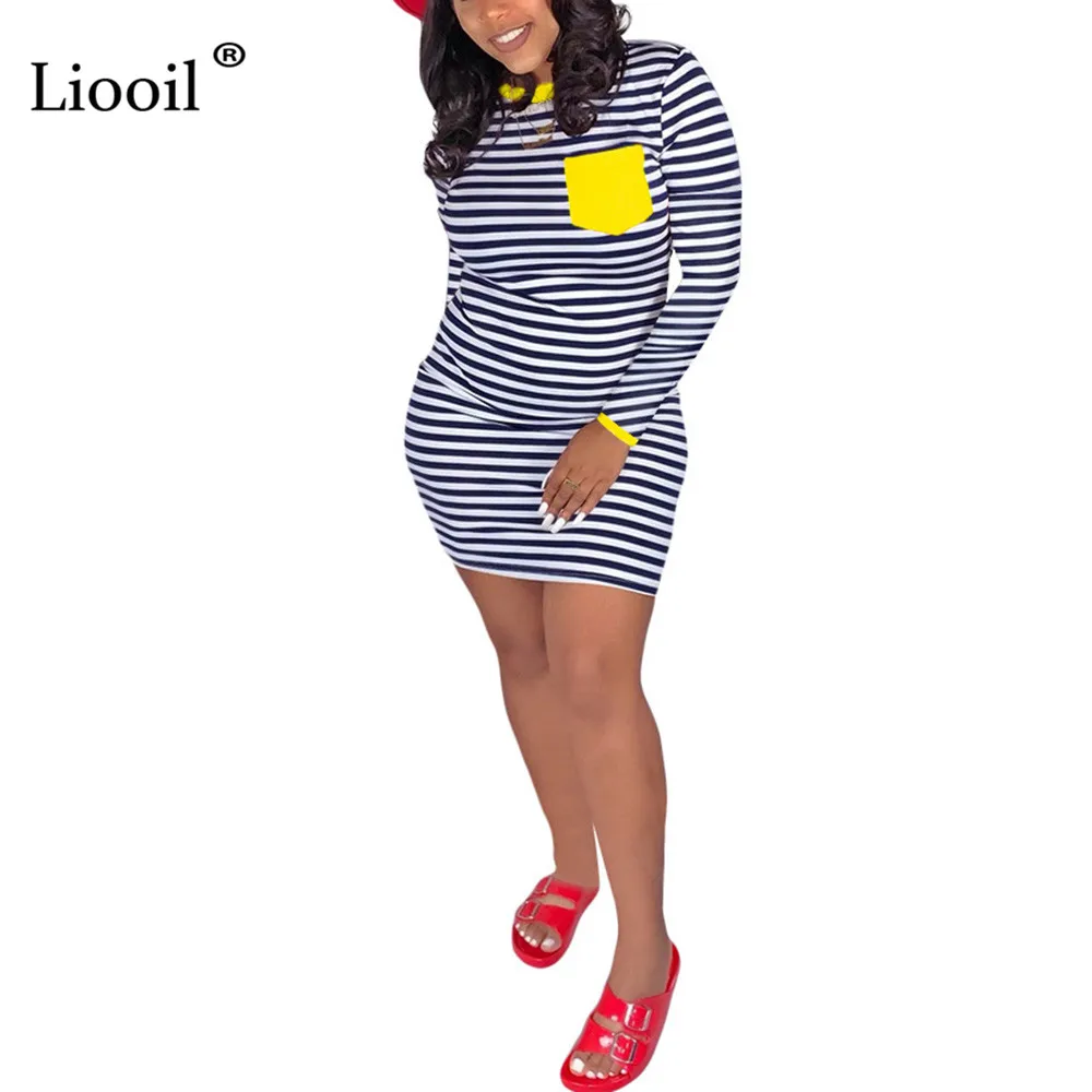 S3626-Yellow Liooil черно-белое Полосатое мини-платье-рубашка женская сексуальная клубная одежда Мода О-образным вырезом карман Bodycon Вечерние бесшовная плотно прилегающая юбка платья - Цвет: S3626-Yellow