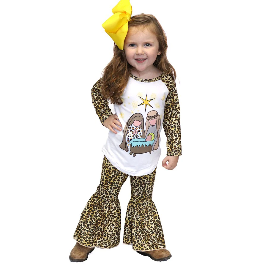 Одежда для маленьких девочек; леопардовая ткань; реглан с длинными рукавами; топ; рубашка; Рождественская мода; Готовая к отправке детская одежда; комплекты одежды