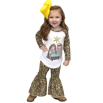 

Baby girls leopard fabric long sleeve raglan top shirt nativity fashion Christmas ready to ship kids clothing outfits sets