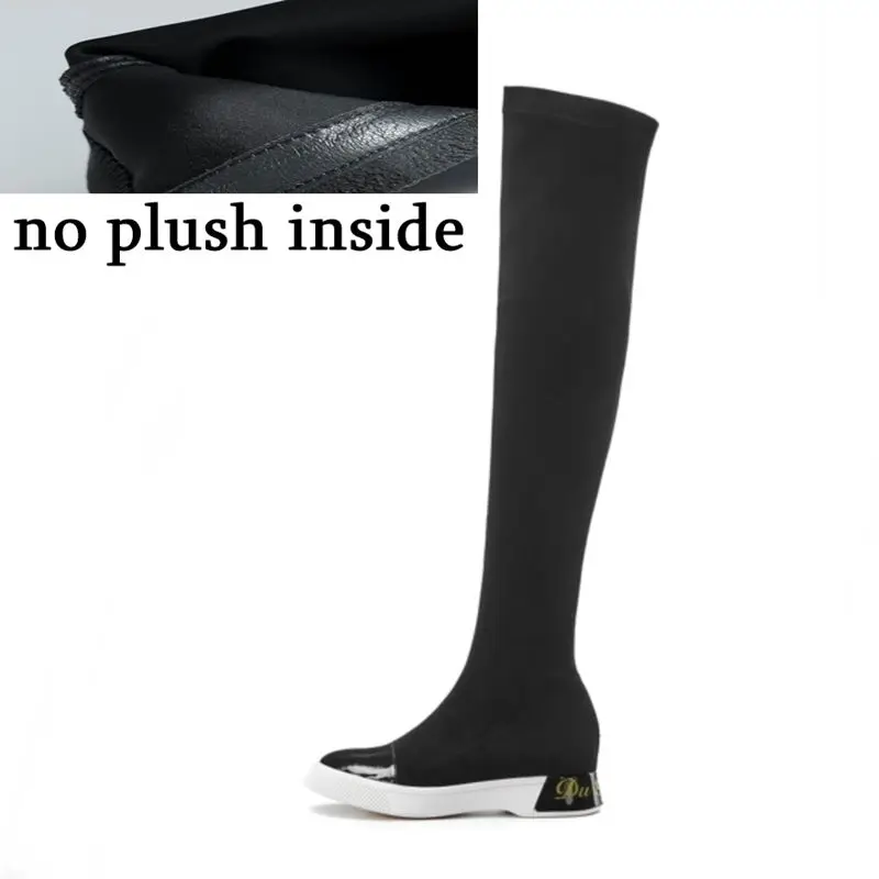ALLBITEFO/высококачественного эластичного материала Женские ботинки чистый цвет, для отдыха осень-зима удобные модные сапоги выше колена; высокие сапоги - Цвет: no plush inside
