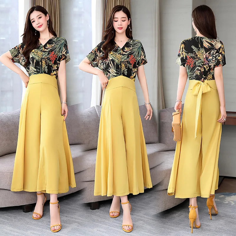 

Solid Color 2019 Summer V-neck Fashion Comfortable Slim Fit Printed Elegant Half-sleeve Shirt Simple Versatile Set