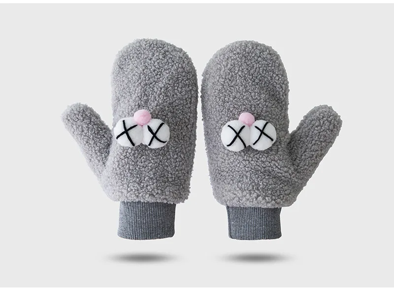 Kawaii, Женские варежки из искусственной овечьей шерсти, перчатки, зимние теплые, с глазами, на весь палец, перчатки, милые, для девушек, одноцветные, для улицы, висят, ручная одежда