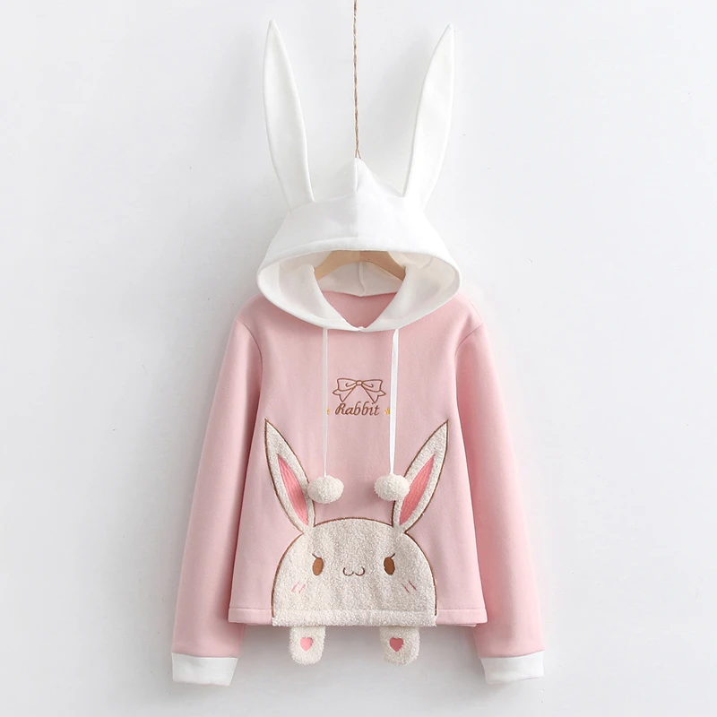 Sudadera con capucha de de conejo para mujer y niña, suéter de lana cálido con estampado de conejo de felpa, color rosa, Kawaii, Harajuku, Invierno|Sudaderas con capucha y sudaderas| - AliExpress