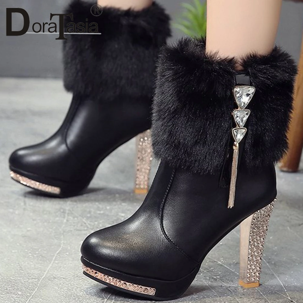 

DORATASIA Winter High Heels Ankle Boots Woman Platform Warm Faux Fur Crystals Shoes Woman Finge Ankle Boots Size 35-43
