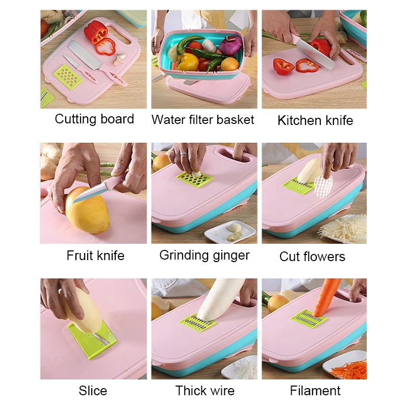 9 in 1 Kitchen Cutting Boards Multifunctional Foldable Board Camping Cutting Stand Washing Basket Indoor Outdoor Organizer