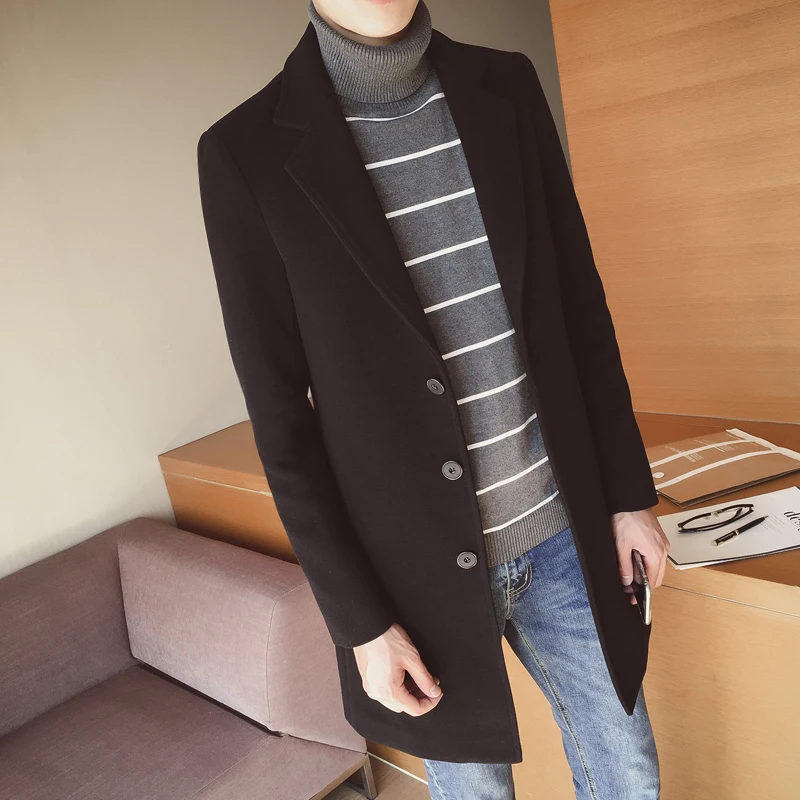

Trench Coat Men Autumn Overcoat Long Slim Fit Windbreakers Plus Size Warm Coats Thick Wool Jackets Top Casaco LWL634