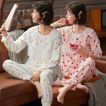 

2020 Winter Thick Warm Long Sleeve Flannel Pajama Set Women Cute Lace Coral Velvet Print Sleepwear Homewear Pijama Mujer Clothes