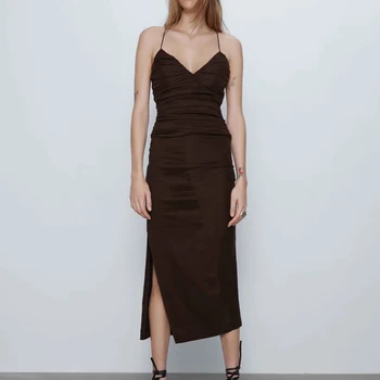 

2020 new women summer brown Two-piece set draped top with thin crossover straps elastic back ＆ midi draped pencil skirt