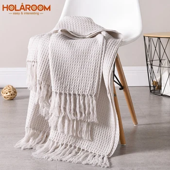 

Holaroom Blanket for Spring/Autumn Knitted Blanket Embossing Coffee Fringe Nordic Style Sofa Bedroom Decorative Blanket Tassels