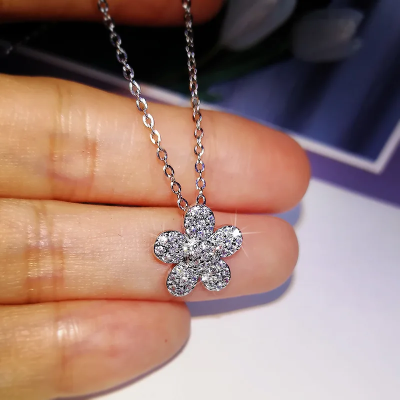 Luxury Female Crystal Flower Pendant Necklace For Women S925 Silver Vintage Color Chain Cute White Zircon Wedding Gift Jewelry