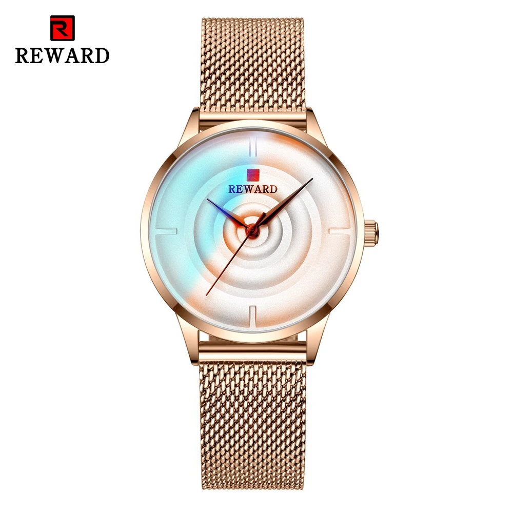 Rose Gold Модные женские часы с цветным стеклом, браслет из розового золота, кварцевые наручные часы, женские водонепроницаемые часы с ремешком из стального сетчатого материала для девушек - Цвет: Rose Gold