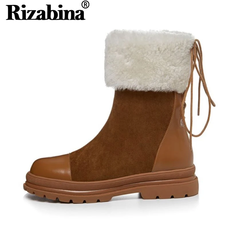 

RIZABINA Women Ankle Boots Plush Warm Fur Good Quality Shoes Women Fashion Back Cross Strap Solid Color Footwear Size 34-39