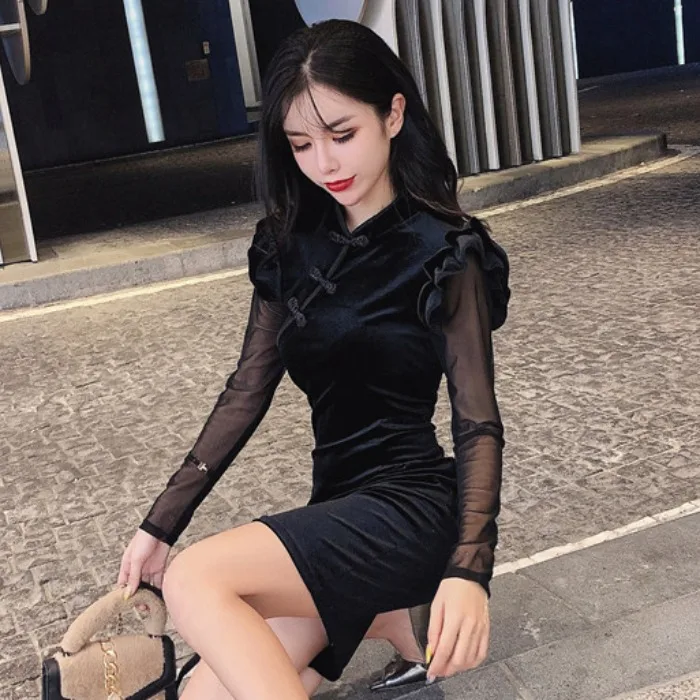 Китайское платье улучшенное cheongsam Восточный стиль vestidso сексуальное Ципао с длинным рукавом элегантное вечернее платье сексуальное короткое платье Ципао с разрезом