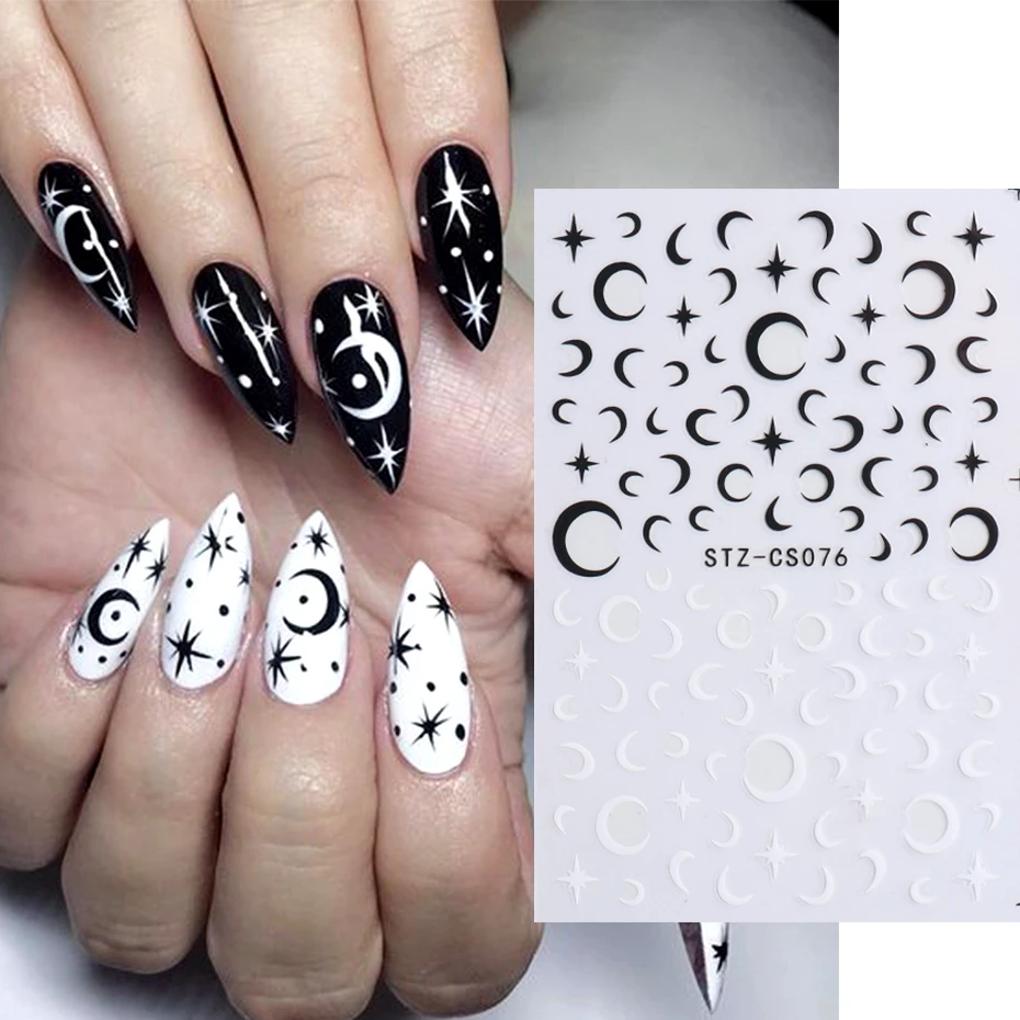 3d Black White Moon Star Nail Art Stickers Checkerboard Smile Flame Nail  Design Patterns Nail Transfer Decal Manicure Lestzcs076 - Stickers & Decals  - AliExpress