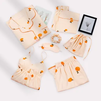 

Women Long Sleeve 7PCS Sleepwear Casual Pajamas Set Female Cotton 7PCS Nightwear Pajamas Suit Casual Print Home Clothes
