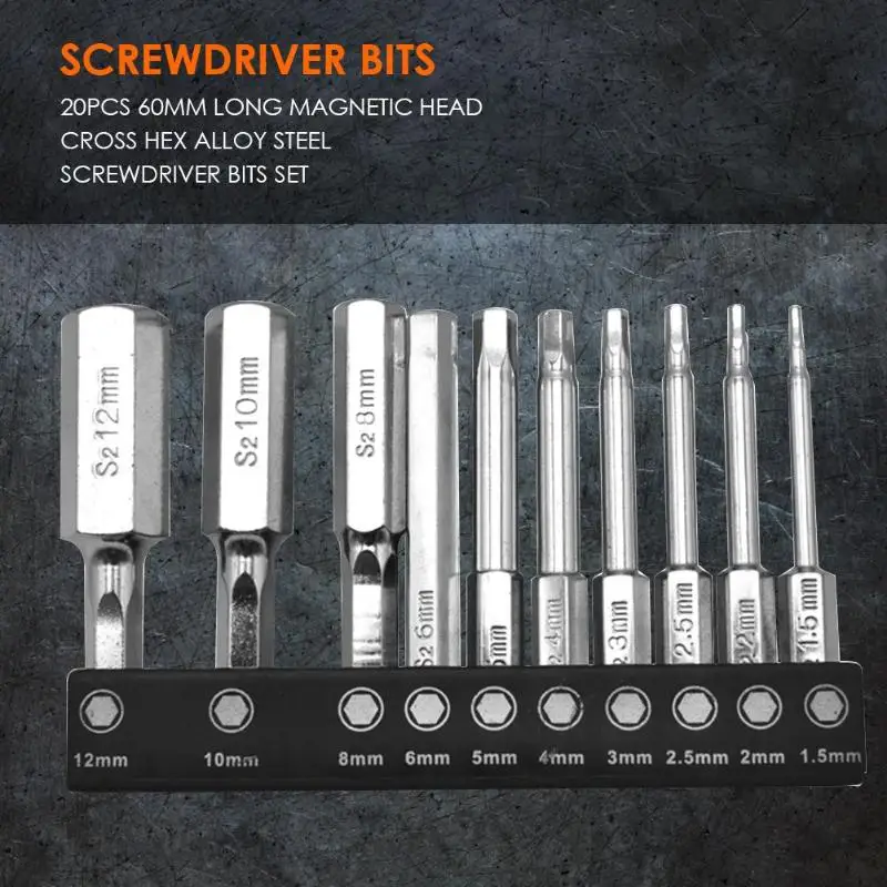 20pcs 60mm Long Magnetic Head Cross Hex Alloy Steel Screwdriver Bits Set