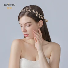 TOPQUEEN HP110 Свадебная повязка ручной работы свадебные головные уборы с настоящим жемчугом золотой лист и алмазные аксессуары для волос с бисером