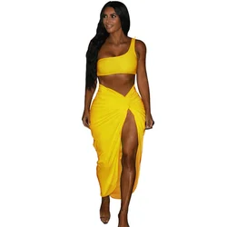 2 pc/set plus size sexy womens assimétrico cinta hip wrap saia feminina plissado cor sólida saia das senhoras vestido para festa
