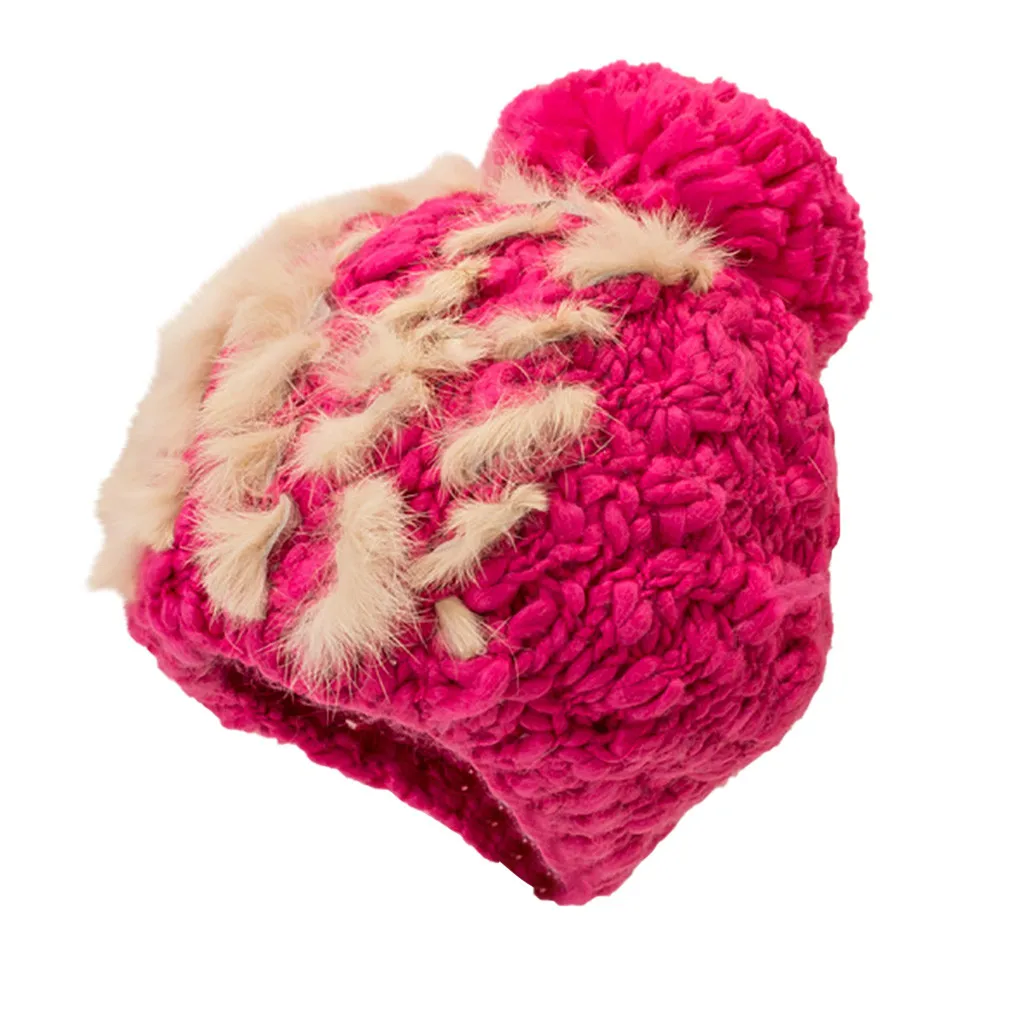 Hot Pink Лоскутная желтая шерстяная шапка Skully, модная женская Повседневная теплая вязаная шапка, Панама, шапка-ведро, шапка с помпоном, капелуш - Цвет: Hot Pink
