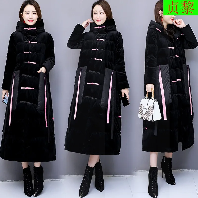 

Thick China Ethnic-Style Long over-the-Knee Cotton-padded Clothes WOMEN'S Dress Retro Hooded down Jacket Cotton-padded Clothes W