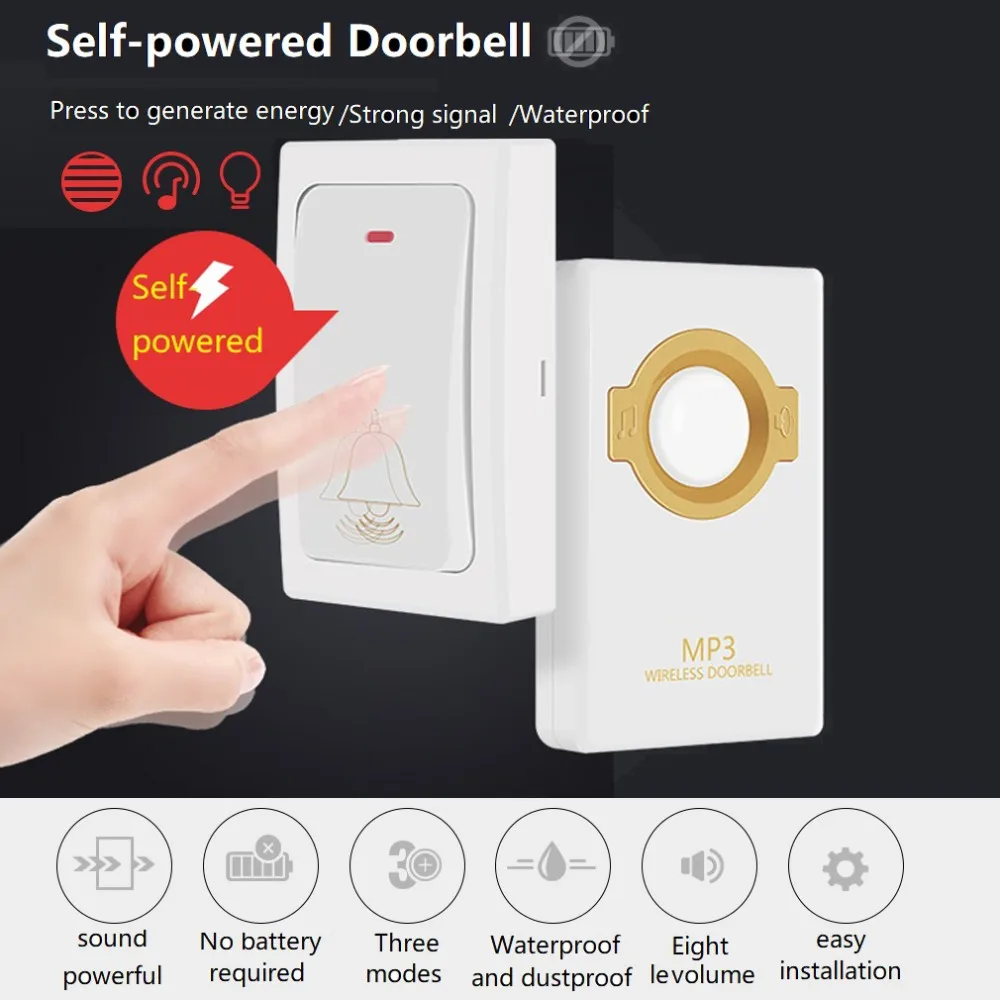 

IP47 Waterproof Novelty Wireless Doorbell Self-powered Remote Button and Receiver MP3 Digital Long Range For Home Security