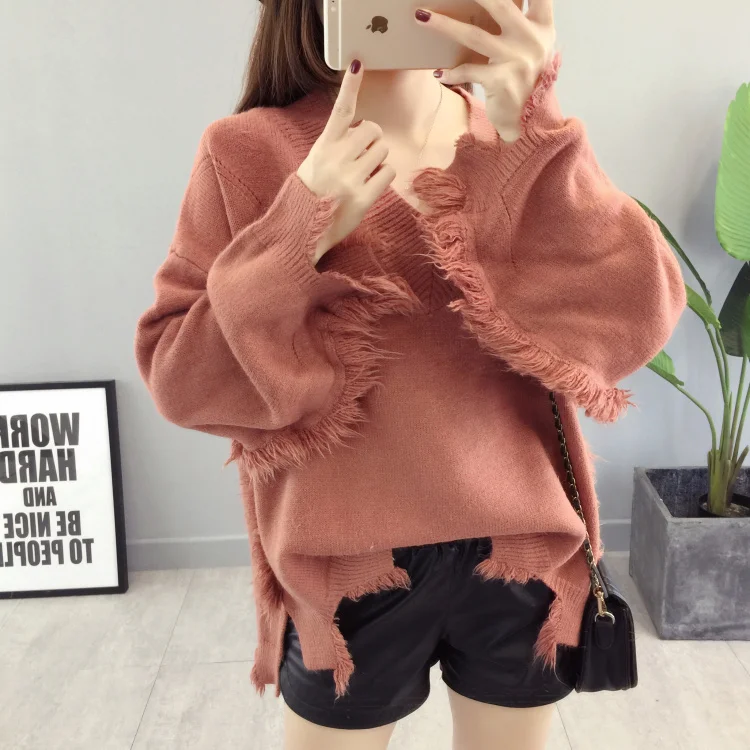 

Women Distressed V-necK Knitted Pullovers Winter Pink Thick Sweater Korean Style Jumper Autumn Tops Ladies Fall Clothing Q9003