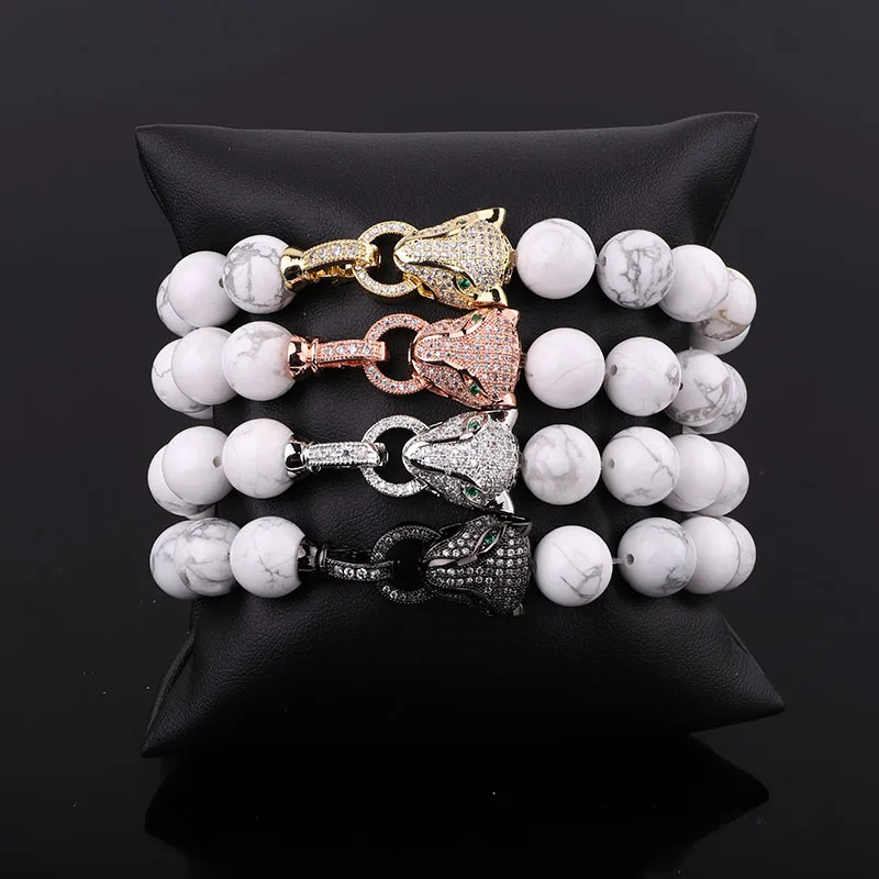 New Design Leopard Bracelet CZ Pave Charm Natural Stone Rose Quartz Howlite Beads Elastic Bracelet Women Men Jewelry Gift - Image 2