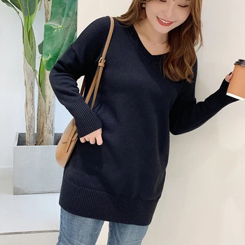 

Autumn and winter large size women's knitwear undershirt loose cover belly v-neck style long sweater 9128