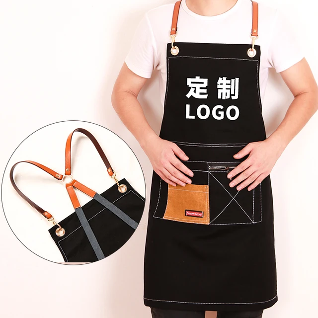 Apron Korean fashion denim oilproof custom printed logo home cooking tea shop coffee shop men and women overalls 3