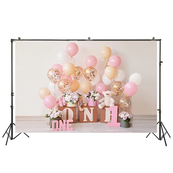 

Photography Backdrop Pink Balloons Happy 1st Birthday Party Gift Flower Teddy Bear Baby Portrait Photo Background Props W-3440