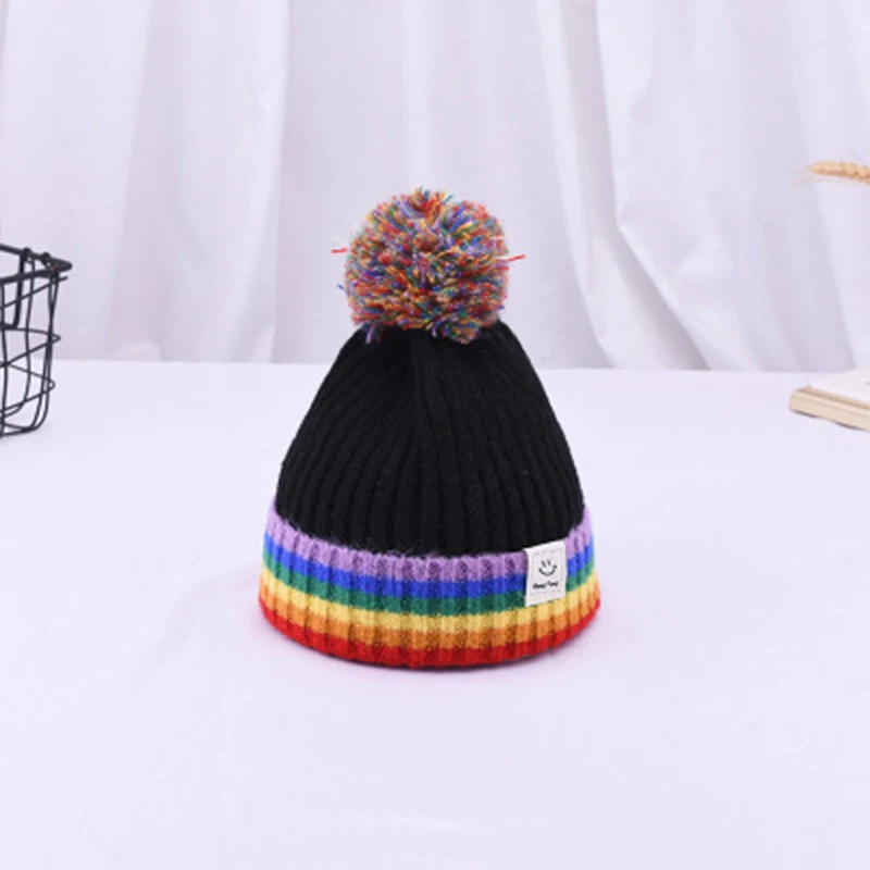 Rainbow Color Baby Hats With Pom Poms Knitted Wool Turban Beanie Warm Caps Soft Hat For Childern Girls Boys Bonnet Autumn Winter - Цвет: black