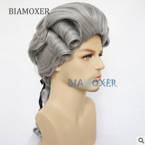BIAMOXER, серый, черный, белый цвет, барокко, кудрявый мужской костюм, парики, роскошная история, длинный синтетический парик для косплея для Хэллоуина