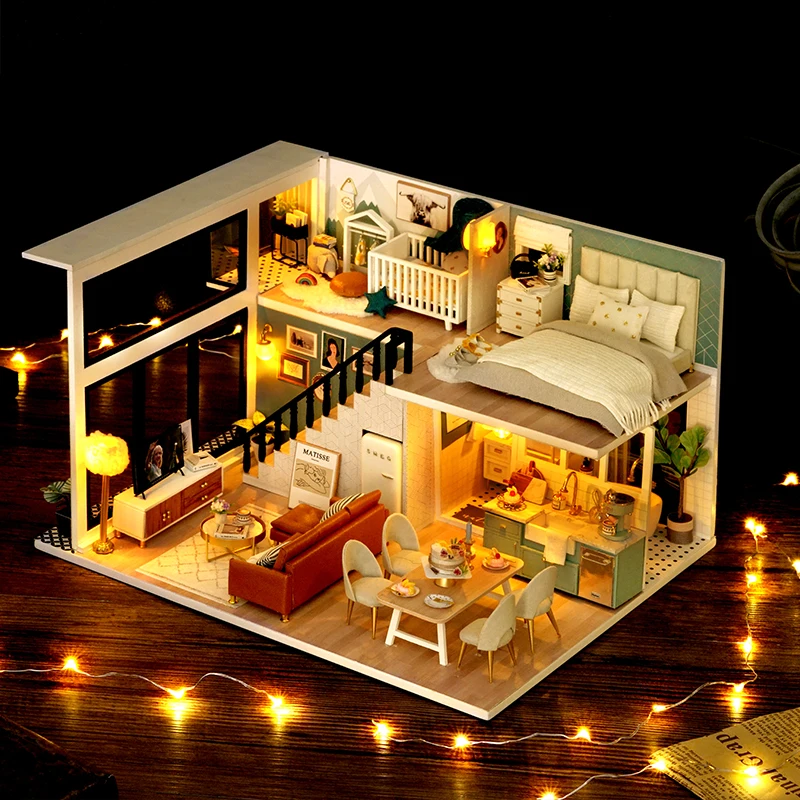 DIY 인형의 집 나무 인형 집, 가구 키트 포함 미니어처 카사 음악 LED 장난감, 어린이 생일 선물, L031
