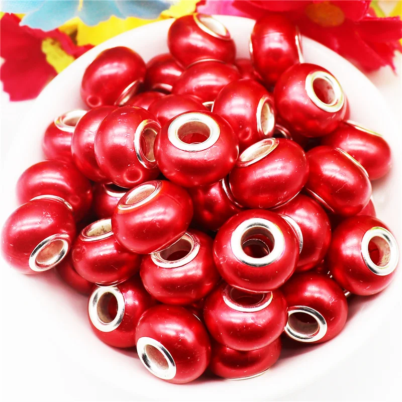 10Pcs Pink Color Smooth Surface European Resin Murano Large Hole Spacer Beads Charms for Bracelet DIY Craft Bracelet Necklace