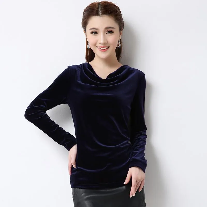 navy blue Новинка осень зима женская футболка Velevt Теплые Длинные рукава футболки Женские базовые Топы Плюс Размер M-8XL - Цвет: navy blue