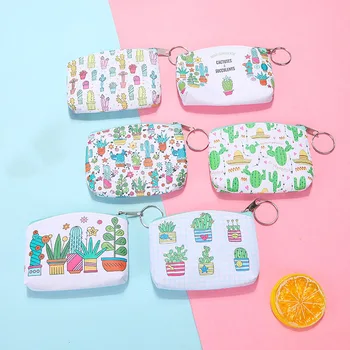 

New Mini Coin Purses For Women Kids Zipper Key Coin Money Holder Bags Pu Cactus Pattern Printing Mini Coin Wallet Case Pouch