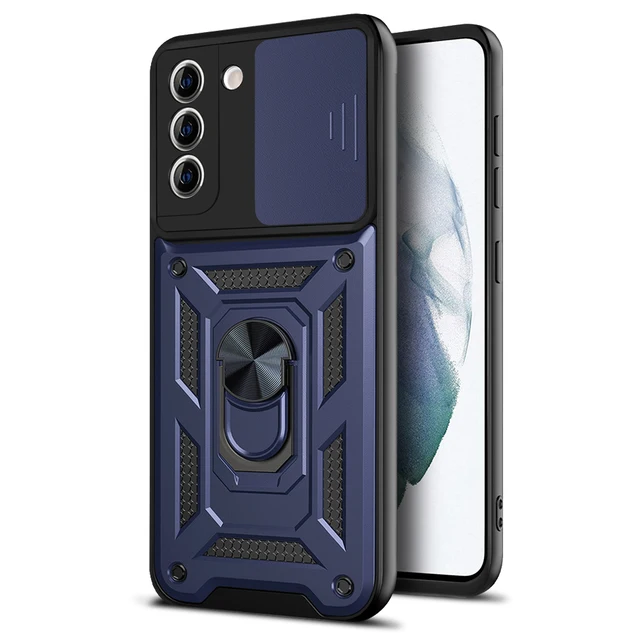 Lens Protection ShockProof Phone Case For Samsung Galaxy S21 Ultra S22 Note 20 Ultra S20 FE A52 A72 Metal Magnetic Ring Bracket blue