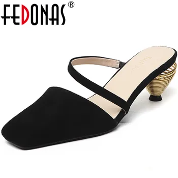 

FEDONAS 2020 Sheepskin Leather Women Shoes New Square Toe Mules Party Basic Strange Heels Pumps Spring Summer New Shoes Woman