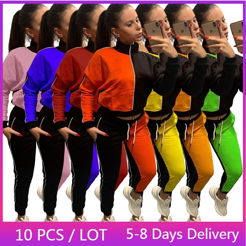 

Wholesale Items Fall Casual Tracksuit Women Fitness Workout Jacket Crop Top and Pants Set Color Patchwork Joging Suits for Women