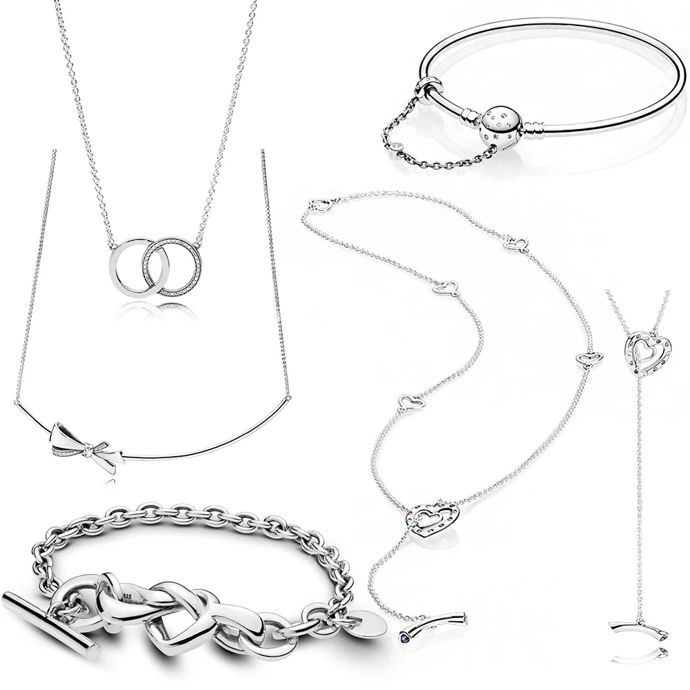 

2019 New Gorgeous Bow Bright Heartsentwined Circles Crystal Necklace Knotted Heart T-bar Moment Bracelet Original Female Jewelry