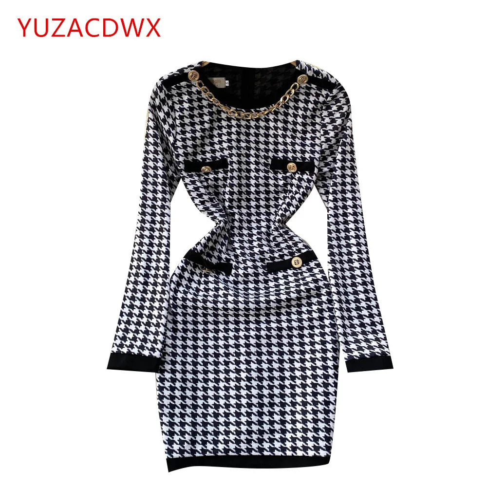 

2022 Spring and Autumn New Retro Houndstooth Dress Fashion O Neck Long Sleeve Pullover Dress Elegant Women Casual Vestidos