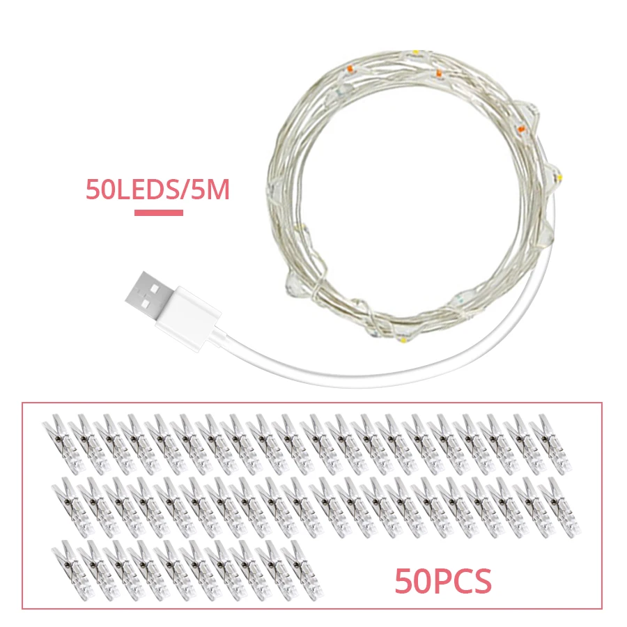 5M USB 5V USB светодиодный гирлянда с зажимом для фотографий, гирлянда 2 м/5 м/10 м, Рождественское украшение на батарейках, вечерние, свадебные, праздничные лампы - Испускаемый цвет: 5M USB 5V