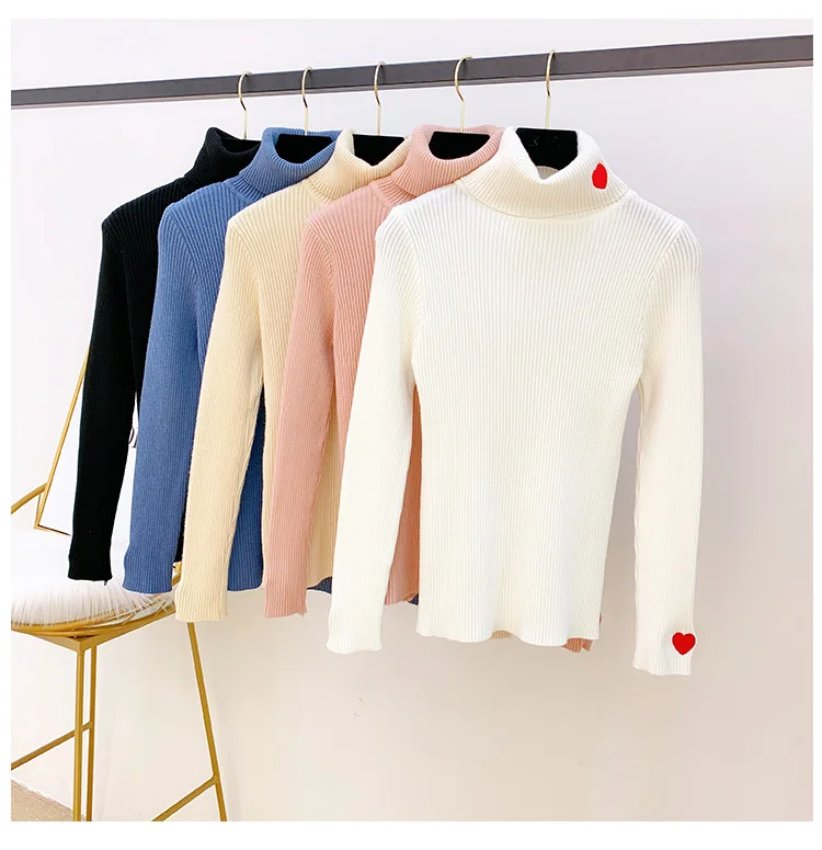 Красный любовь вышитый корейский женский свитер тонкий вязаный Blusas Осень зима свитер с воротником-хомутом джемпер Pull Girl Lady Теплый