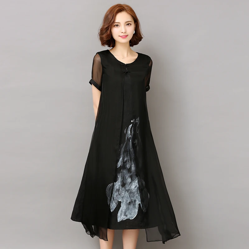 Large size M-3XL Add fertilizer to increase the new cotton and linen spell silk chiffon retro improved cheongsam dress - Color: Black